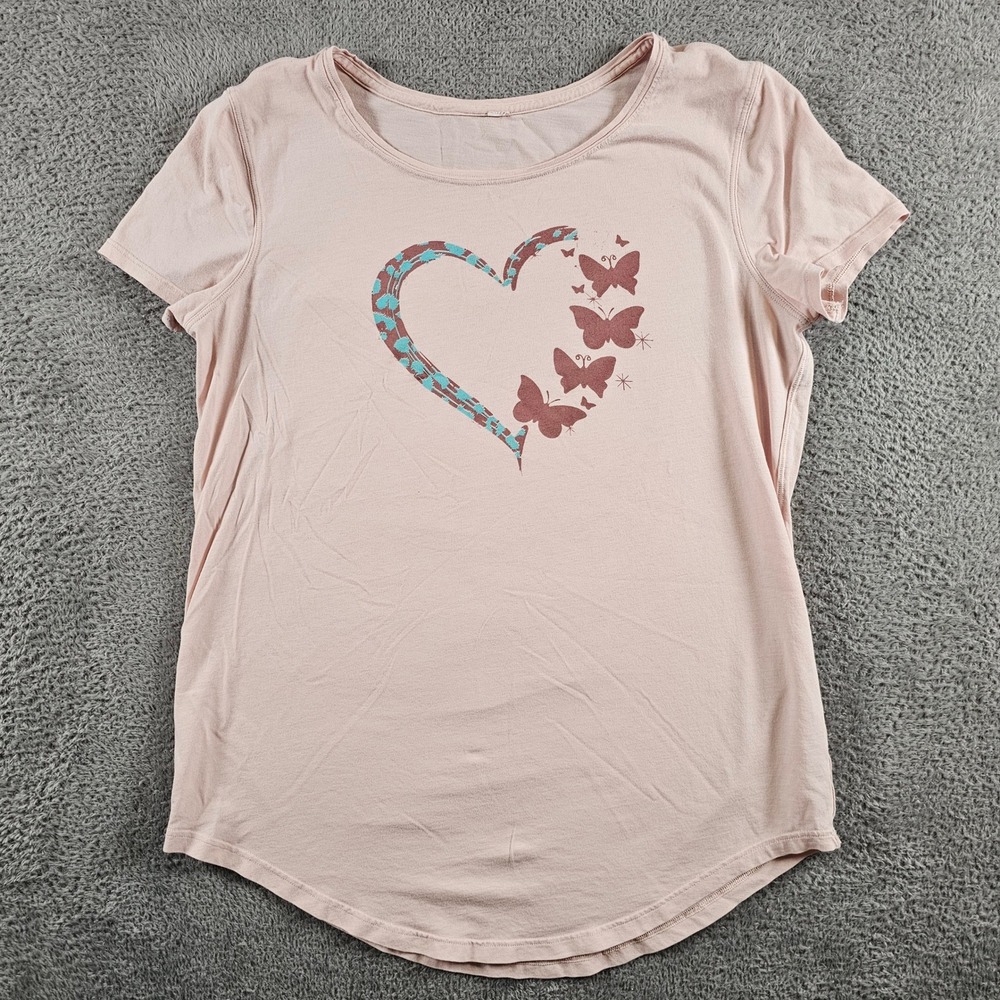 Lululemon Pink Graphic Heart Butterfly Short Sleeve Tee Shirt Curved Hem M